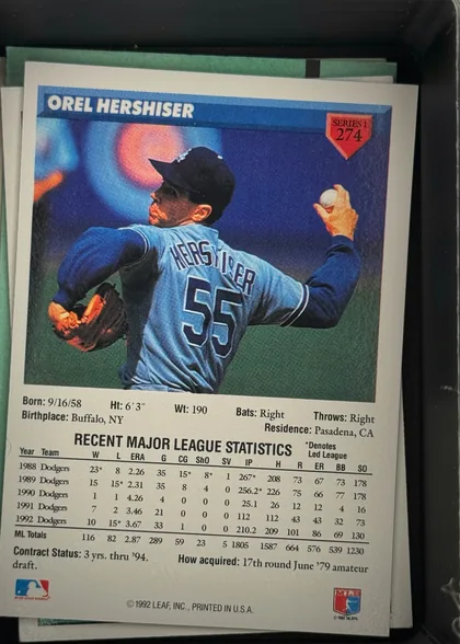Back of 1993 Donruss Baseball Orel Hershiser #274 Base, portrait-oriented baseball card back. The upper section has a blue header with the player name in white and a red shield containing SERIES 1 and…