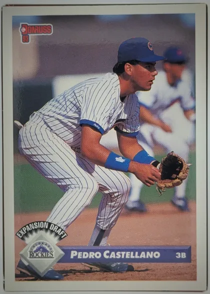 Front of 1993 Donruss Baseball Pedro Castellano #761 Base, portrait baseball card front. The Donruss 93 logo appears at the upper left. A full-color photograph shows a Colorado Rockies player in a pinstriped…