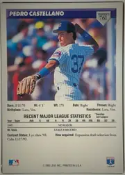 Back of 1993 Donruss Baseball Pedro Castellano #761 Expansion Draft, upright portrait-oriented baseball card back. A blue header at the top displays PEDRO CASTELLANO in large white lettering. A silver shield at upper…