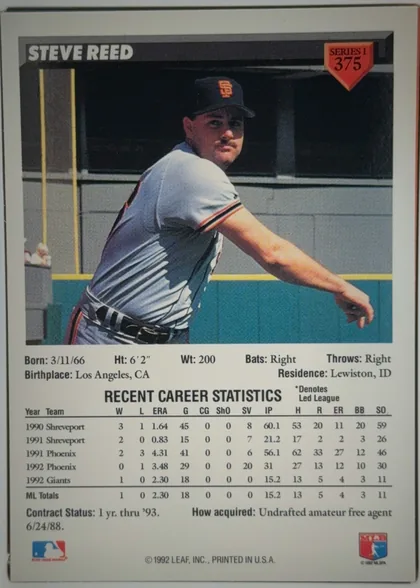 Back of 1993 Donruss Baseball Steve Reed #375 Base, portrait-oriented baseball card back. A large color action photograph of Steve Reed in a San Francisco Giants uniform occupies the upper and middle…