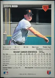Back of 1993 Donruss Baseball Steve Reed #375 Base (Rated Rookies subset), vertical baseball card back. A dark charcoal header band across the top displays STEVE REED in large white letters, with a red Series 1 shield…