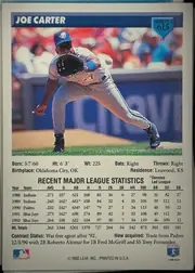 Back of 1993 Donruss JOE CARTER #615 Base, upright portrait-oriented card back. A blue header across the top displays JOE CARTER in large white block letters. A blue shield in the upper-right…