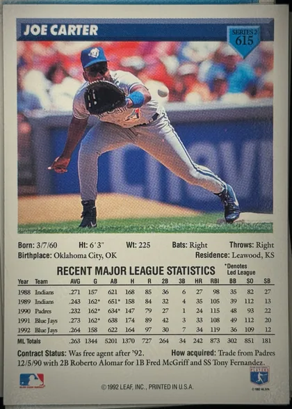 Back of 1993 Donruss JOE CARTER #615 Base, upright portrait-oriented card back. A blue header across the top displays JOE CARTER in large white block letters. A blue shield in the upper-right…