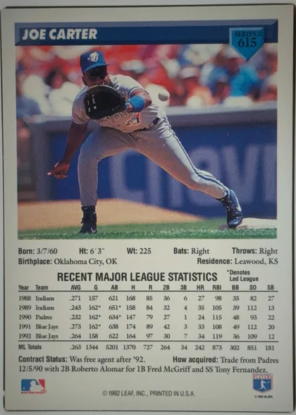 Back of 1993 Donruss JOE CARTER #615 Series 2, upright portrait-oriented baseball card back. A dark blue header across the top contains the large white name JOE CARTER. At upper right, a blue…