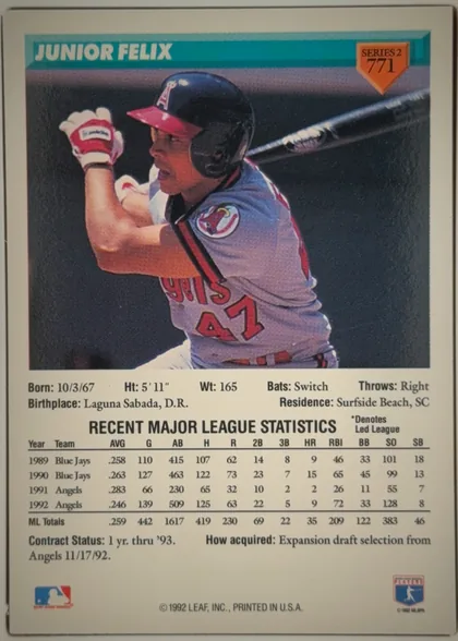 Back of 1993 Donruss JUNIOR FELIX #771 Base, upright portrait-oriented baseball card back. A teal header across the top contains the large white player name JUNIOR FELIX. An orange shield at…