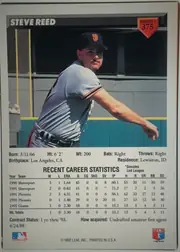 Back of 1993 Donruss Steve Reed #375 Rated Rookie, portrait-oriented baseball card back. A large color action photograph occupies the upper-middle area, showing Steve Reed in a San Francisco Giants…