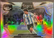 Front of 2022 Panini Select FIFA Julián Alvarez #202 Field Level Prizm, front side, upright. A black rounded-rectangle badge in the upper left reads 'ROAD TO / FIFA / WORLD CUP / 2026' in white sans-serif. A black…