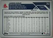 Back of 2023 Topps Baseball Jarren Duran #242 Base, landscape-oriented baseball card back. JARREN DURAN appears in bold navy type across the upper-left. The Boston Red Sox logo is at left, with player…