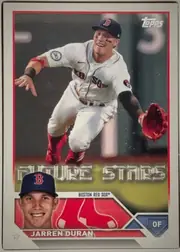 Front of 2023 Topps Baseball Jarren Duran #242 Base, front of a baseball card. A large action photograph dominates the upper two-thirds: a player in a white Boston Red Sox home uniform with red socks…