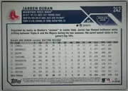 Back of 2023 Topps Jarren Duran #242 Base, landscape-oriented baseball card back. The upper section has the Topps logo at left, Jarren Duran's name in large dark lettering, Boston Red Sox…
