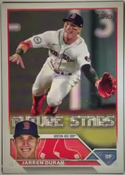 Front of 2023 Topps Jarren Duran #242 Base, upright portrait baseball card front. The Topps logo appears at the upper right. A large action photograph shows a Boston Red Sox player in uniform…