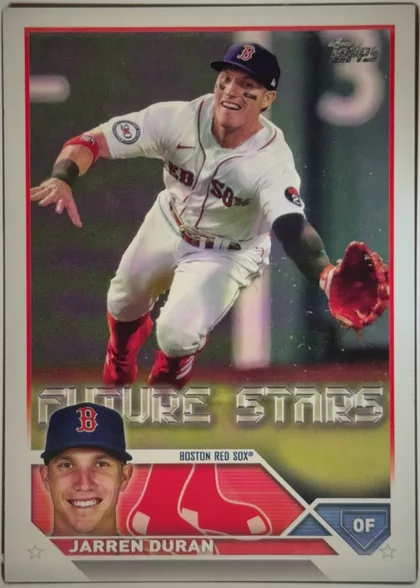 Front of 2023 Topps Jarren Duran #242 Base, front of a baseball card. A full-color action photograph dominates the upper two-thirds: a Boston Red Sox outfielder in a white home uniform with…