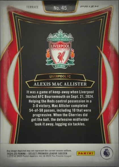 Back of 2024-25 Panini Select Premier League Soccer Alexis Mac Allister #45, portrait-oriented card back. The top white border displays TERRACE at left, No. 45 in a black-and-gold centered label, and PRIZM at right. A large…