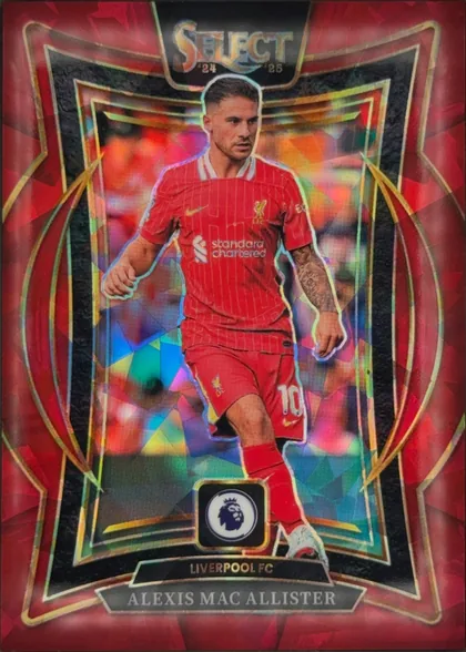 Front of 2024-25 Panini Select Premier League Soccer Alexis Mac Allister #45, portrait football card front. The SELECT logo is centered at the top with '24 and '25 beneath it. Alexis Mac Allister is shown in a red Liverpool FC…