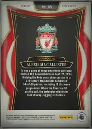 Back of 2024-25 Panini Select Premier League Soccer Alexis Mac Allister #45 Terrace Prizm, portrait-oriented card back with a white border and ornate red, black, gold, and white frame. The top has TERRACE at left, No. 45 centered, and…