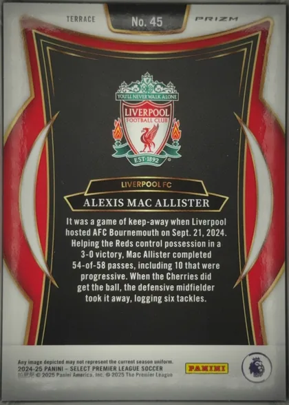 Back of 2024-25 Panini Select Premier League Soccer Alexis Mac Allister #45 Terrace Prizm, portrait-oriented card back with a white border and ornate red, black, gold, and white frame. The top has TERRACE at left, No. 45 centered, and…
