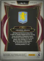Back of 2024-25 Panini Select Premier League Soccer Amadou Onana #15 Terrace Prizm, upright portrait-format card back featuring a black central text panel framed by burgundy, white, and gold ornamental graphics. The Aston Villa…