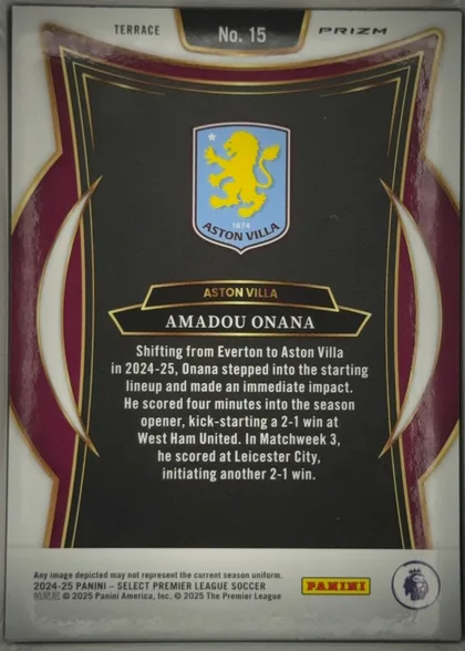 Back of 2024-25 Panini Select Premier League Soccer Amadou Onana #15 Terrace Prizm, upright portrait-format card back featuring a black central text panel framed by burgundy, white, and gold ornamental graphics. The Aston Villa…
