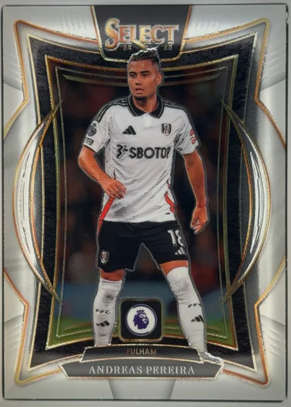 Front of 2024-25 Panini Select Premier League Soccer Andreas Pereira #22 Terrace, upright portrait soccer card. A centered player in a white Fulham kit stands against a dark background. The top carries the SELECT logo and 24 25…