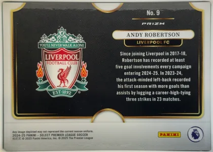 Back of 2024-25 Panini Select Premier League Soccer Andy Robertson #9 Prizm, landscape-oriented player card back. A large Liverpool Football Club crest occupies the left half. On the right, the upper area shows "No. 9" and…