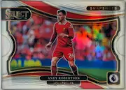 Front of 2024-25 Panini Select Premier League Soccer Andy Robertson #9 Prizm, upright landscape soccer card front. A full-body image of Andy Robertson in a red Liverpool kit is centered over a blurred stadium scene with…