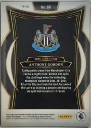 Back of 2024-25 Panini Select Premier League Soccer Anthony Gordon #88 Terrace, upright portrait-oriented card back. A white-and-gold border surrounds a black central field with layered gold rectangular lines and large curved…