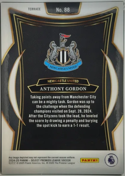 Back of 2024-25 Panini Select Premier League Soccer Anthony Gordon #88 Terrace, upright portrait-oriented card back. A white-and-gold border surrounds a black central field with layered gold rectangular lines and large curved…