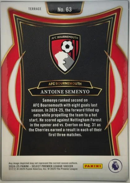 Back of 2024-25 Panini Select Premier League Soccer Antoine Semenyo #63 Terrace, upright portrait-oriented card back. A white border surrounds a symmetrical red, black, white, and gold decorative frame. The upper center contains…