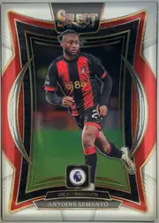 Front of 2024-25 Panini Select Premier League Soccer Antoine Semenyo #63 Terrace, upright portrait soccer card. A large central action photograph shows Antoine Semenyo in an AFC Bournemouth red-and-black kit. The top has a…