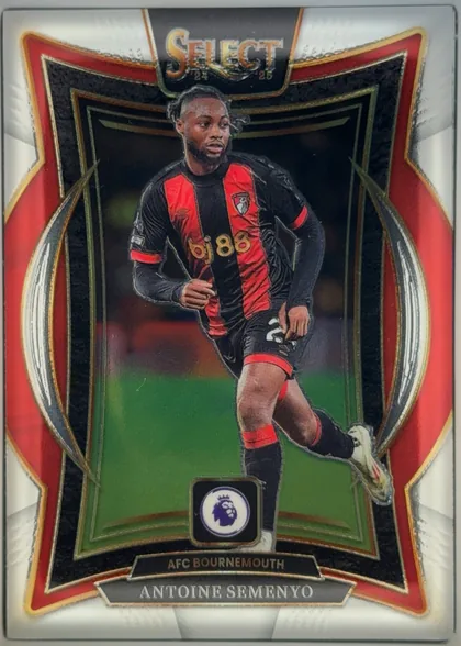 Front of 2024-25 Panini Select Premier League Soccer Antoine Semenyo #63 Terrace, upright portrait soccer card. A large central action photograph shows Antoine Semenyo in an AFC Bournemouth red-and-black kit. The top has a…