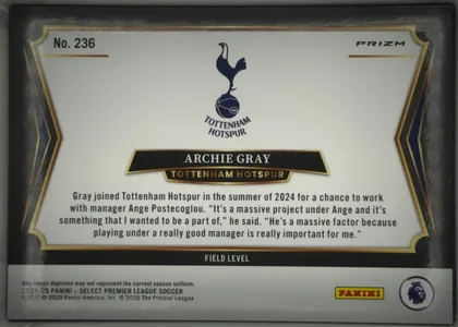 Back of 2024-25 Panini Select Premier League Soccer Archie Gray #236 Field Level Prizm, upright landscape-format card back. A white panel is framed by ornate black, navy, and gold trim with curved corner ornaments. The Tottenham Hotspur…