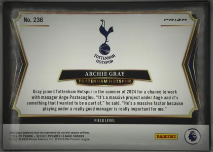 Back of 2024-25 Panini Select Premier League Soccer Archie Gray #236 Rookie Card, landscape-oriented card back with a white central panel framed by black and gold decorative borders. The card number is at the upper left and PRIZM…