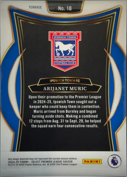 Back of 2024-25 Panini Select Premier League Soccer Arijanet Muric #18 Rookie RC Card, upright portrait-oriented card back. A black textured central panel is bordered by layered gold lines and royal-blue side panels. Large white…