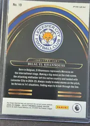 Back of 2024-25 Panini Select Premier League Soccer Bilal El Khannouss #19 Prizm, upright portrait-oriented card back. The upper-left has "No. 19" and the upper-right has "PRIZM." A Leicester City Football Club crest is centered…