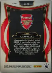 Back of 2024-25 Panini Select Premier League Soccer BUKAYO SAKA #32 Terrace, upright landscape-oriented? No, portrait card back with a white border. The top has TERRACE at left and No. 32 centered in a black and gold label. A…