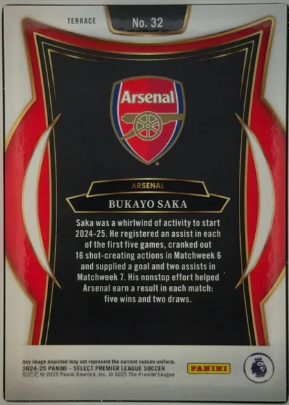 Back of 2024-25 Panini Select Premier League Soccer BUKAYO SAKA #32 Terrace, upright landscape-oriented? No, portrait card back with a white border. The top has TERRACE at left and No. 32 centered in a black and gold label. A…