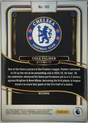 Back of 2024-25 Panini Select Premier League Soccer Cole Palmer #182 Mezzanine, portrait-oriented card back with a white border and sweeping layered gold, blue, and white lines around a black field. The Chelsea crest is centered…