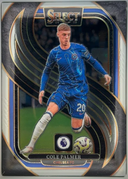 Front of 2024-25 Panini Select Premier League Soccer Cole Palmer #182 Mezzanine, portrait-oriented soccer card front. A stylized full-body image of Cole Palmer in a blue Chelsea FC kit occupies the center over a dark stadium and…