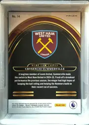 Back of 2024-25 Panini Select Premier League Soccer Crysencio Summerville #14 Prizm, back of a portrait-oriented soccer card. The upper-left shows "No. 14" and the upper-right shows "PRIZM." A West Ham United crest is centered near…