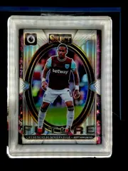 Front of 2024-25 Panini Select Premier League Soccer Crysencio Summerville #14 Prizm, front of a soccer card in a clear slab. A full-body cutout of a player in a claret-and-blue West Ham United home kit with 'betway' chest sponsor and…