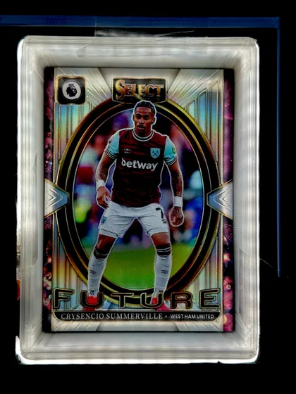Front of 2024-25 Panini Select Premier League Soccer Crysencio Summerville #14 Prizm, front of a soccer card in a clear slab. A full-body cutout of a player in a claret-and-blue West Ham United home kit with 'betway' chest sponsor and…
