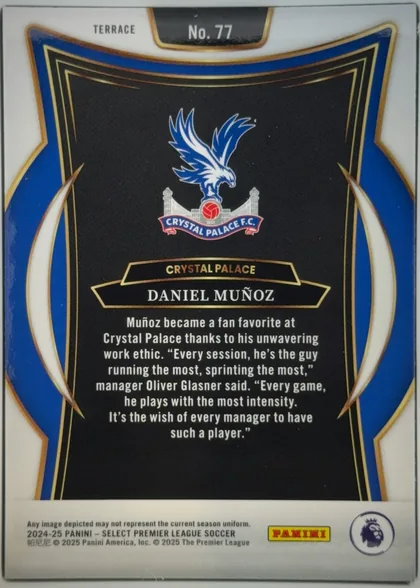 Back of 2024-25 Panini Select Premier League Soccer Daniel Muñoz #77 Terrace, upright portrait-oriented card back. A white outer border surrounds a blue, black, gold, and white decorative frame. The upper section shows the…