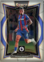 Front of 2024-25 Panini Select Premier League Soccer Daniel Muñoz #77 Terrace, front of a portrait soccer card. A full-body image of Daniel Muñoz in a blue-and-red Crystal Palace kit occupies the central panel. The SELECT logo…