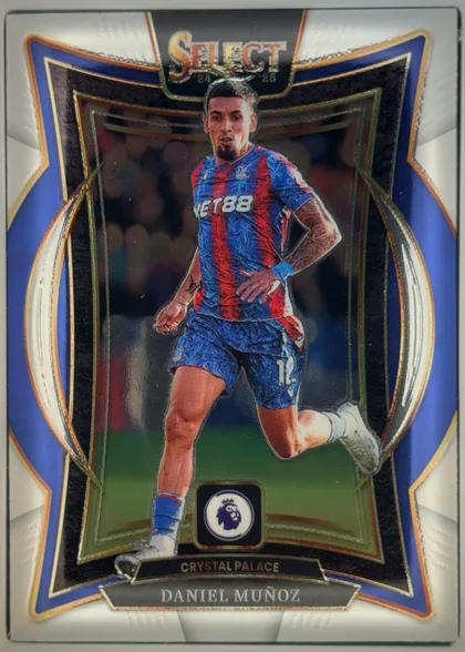 Front of 2024-25 Panini Select Premier League Soccer Daniel Muñoz #77 Terrace, front of a portrait soccer card. A full-body image of Daniel Muñoz in a blue-and-red Crystal Palace kit occupies the central panel. The SELECT logo…