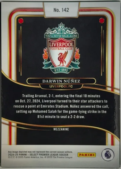 Back of 2024-25 Panini Select Premier League Soccer Darwin Núñez #142 Mezzanine, upright portrait-format card back. A large Liverpool Football Club crest is centered in the upper half on a black background. The player name DARWIN…