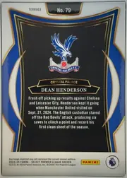 Back of 2024-25 Panini Select Premier League Soccer Dean Henderson #79 Base, upright portrait-format card back. A white border surrounds a bold blue-and-gold decorative frame and black central panel. The Crystal Palace crest…