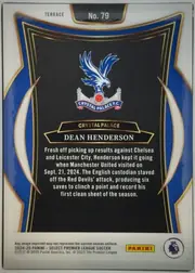 Back of 2024-25 Panini Select Premier League Soccer Dean Henderson #79 Base Terrace, upright portrait-format card back. A white border surrounds a blue, black, and gold ornamental frame. The top reads "TERRACE" and "No. 79." A…