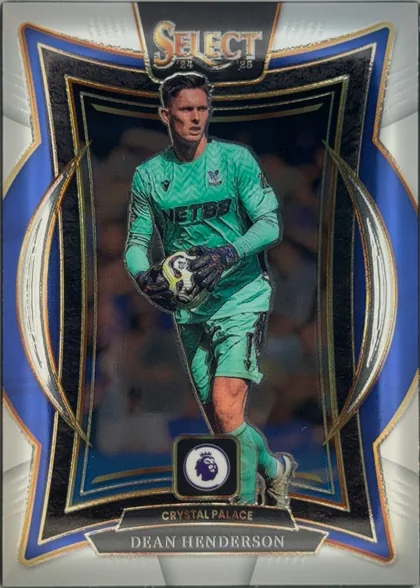Front of 2024-25 Panini Select Premier League Soccer Dean Henderson #79 Base Terrace, front of a football card. A goalkeeper stands center, shown from head to lower legs, wearing a mint-green long-sleeve kit with black "NET82" chest…
