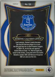 Back of 2024-25 Panini Select Premier League Soccer Dominic Calvert-Lewin #59 Base Terrace, portrait-oriented card back. A white border surrounds an ornate blue, black, gold, and white frame. The upper center shows the designation "TERRACE"…