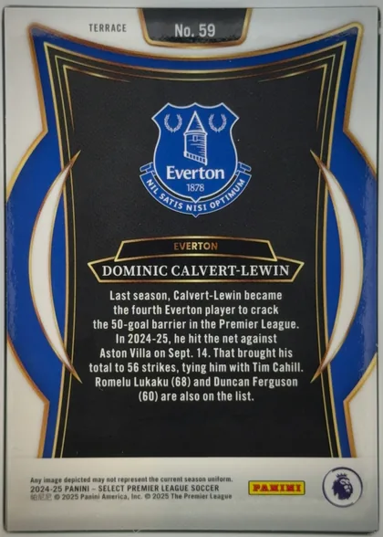 Back of 2024-25 Panini Select Premier League Soccer Dominic Calvert-Lewin #59 Base Terrace, portrait-oriented card back. A white border surrounds an ornate blue, black, gold, and white frame. The upper center shows the designation "TERRACE"…